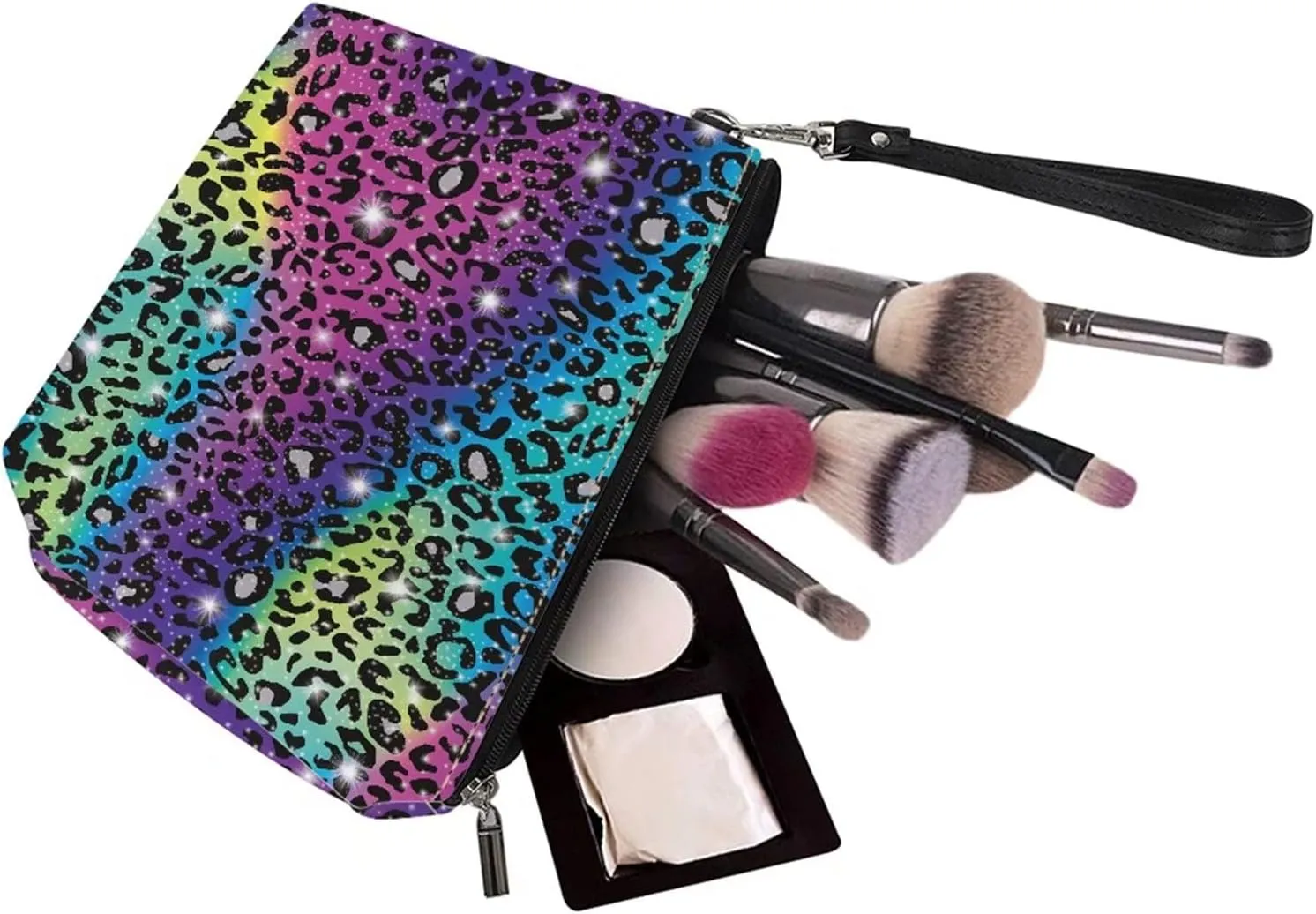 Coldinair Rainbow Glitter Leopard Print Makeup Bag Cosmetic Bag for Women,PU Leather Pouch Toiletry Travel Organizer for Women Girls