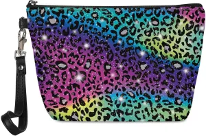 Coldinair Rainbow Glitter Leopard Print Makeup Bag Cosmetic Bag for Women,PU Leather Pouch Toiletry Travel Organizer for Women Girls