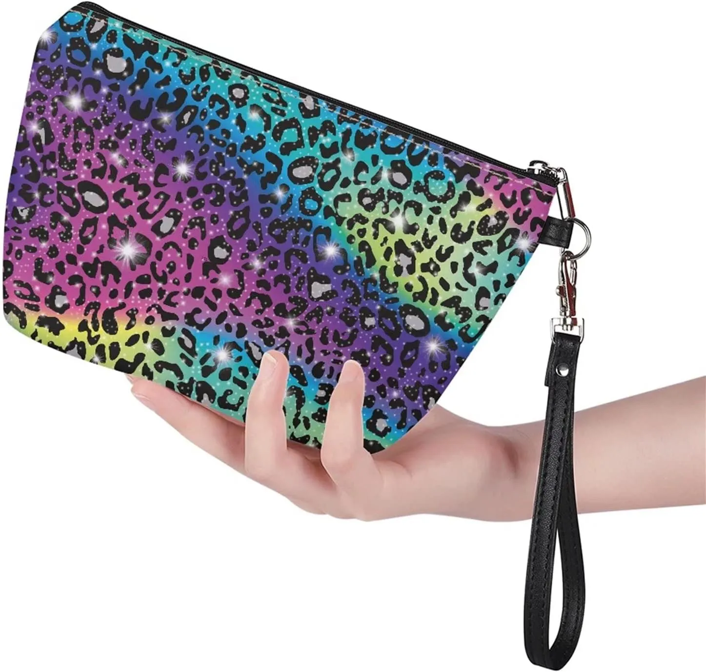 Coldinair Rainbow Glitter Leopard Print Makeup Bag Cosmetic Bag for Women,PU Leather Pouch Toiletry Travel Organizer for Women Girls