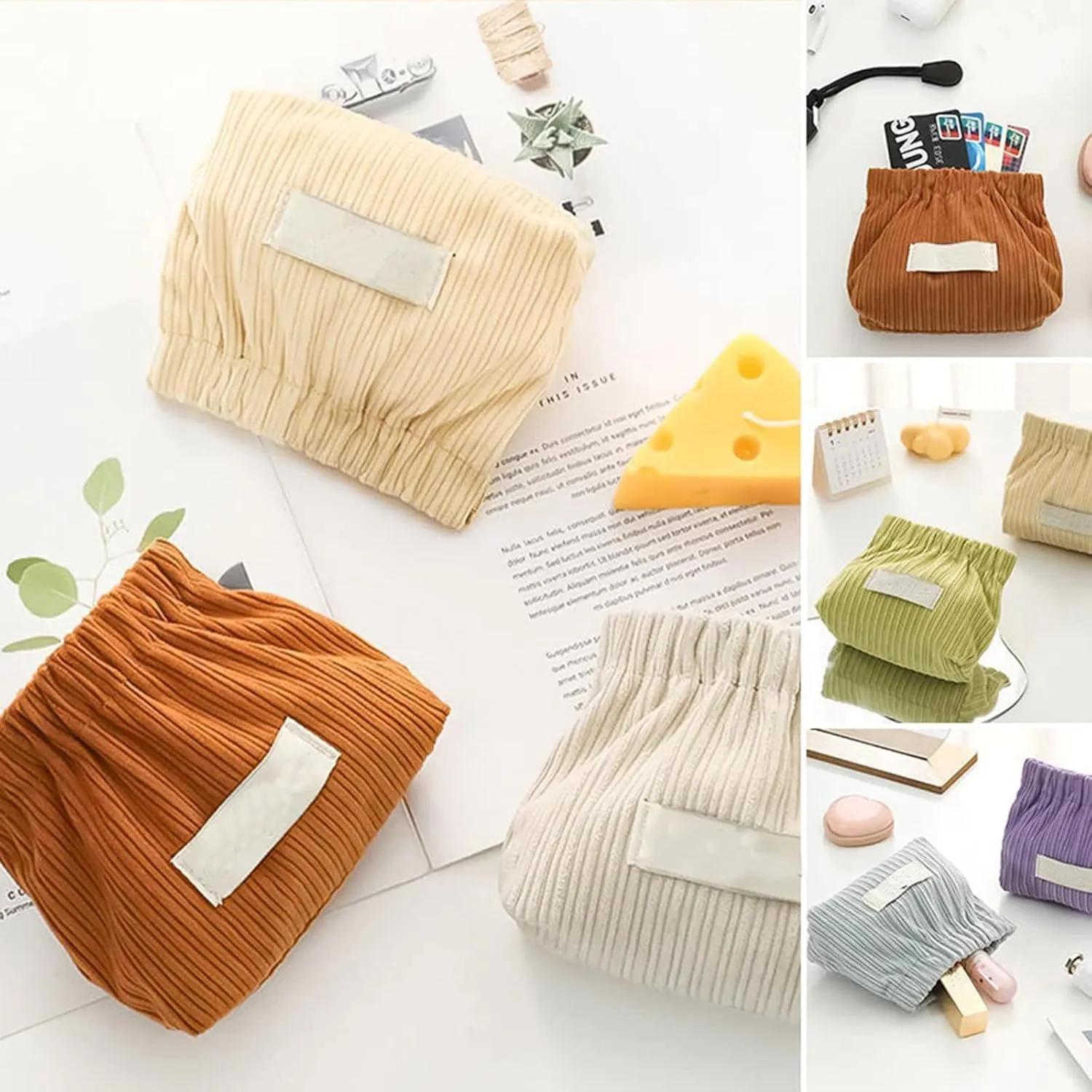 Corduroy Elastic Hair Tie Organizer, 2024 New Cosmetic Bags for Women Makeup Bag Large Capacity Purse Travel Toiletry Zipper Storage Pouch Make up Brushes Organizer for Gifts (Apricot)