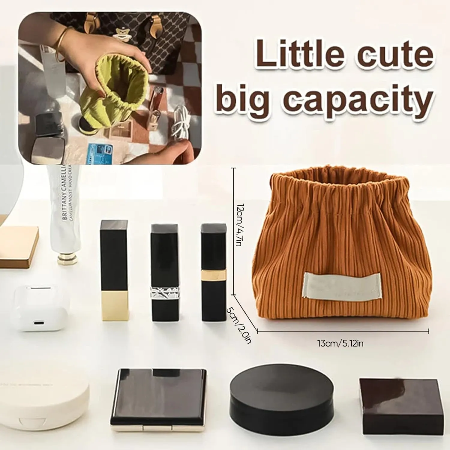 Corduroy Elastic Hair Tie Organizer, 2024 New Cosmetic Bags for Women Makeup Bag Large Capacity Purse Travel Toiletry Zipper Storage Pouch Make up Brushes Organizer for Gifts (Milky White)