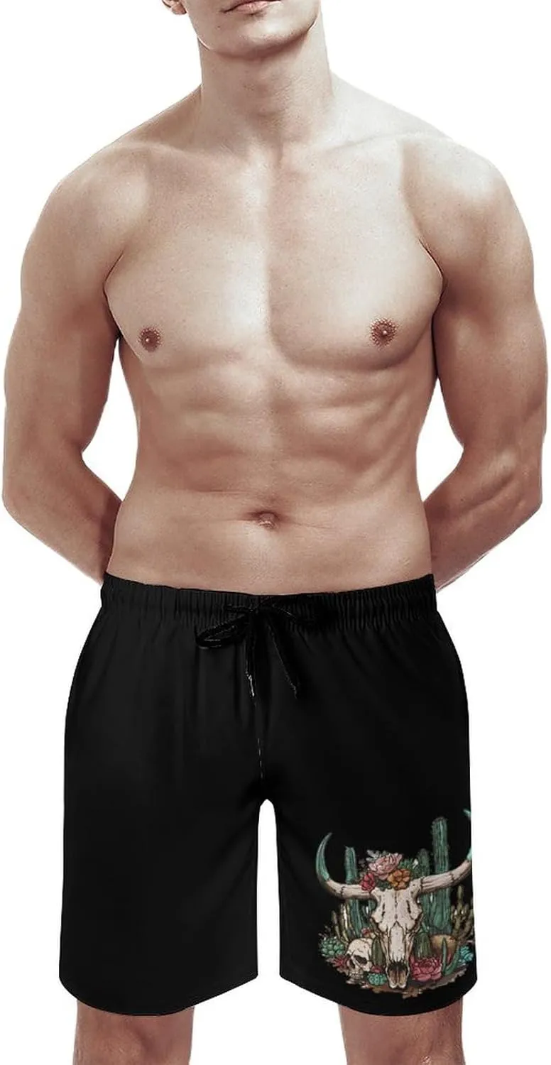 Cow Skull Cactus Men's Swim Trunks Quick Dry Board Shorts Breathable Summer Beach Shorts Bathing Suits