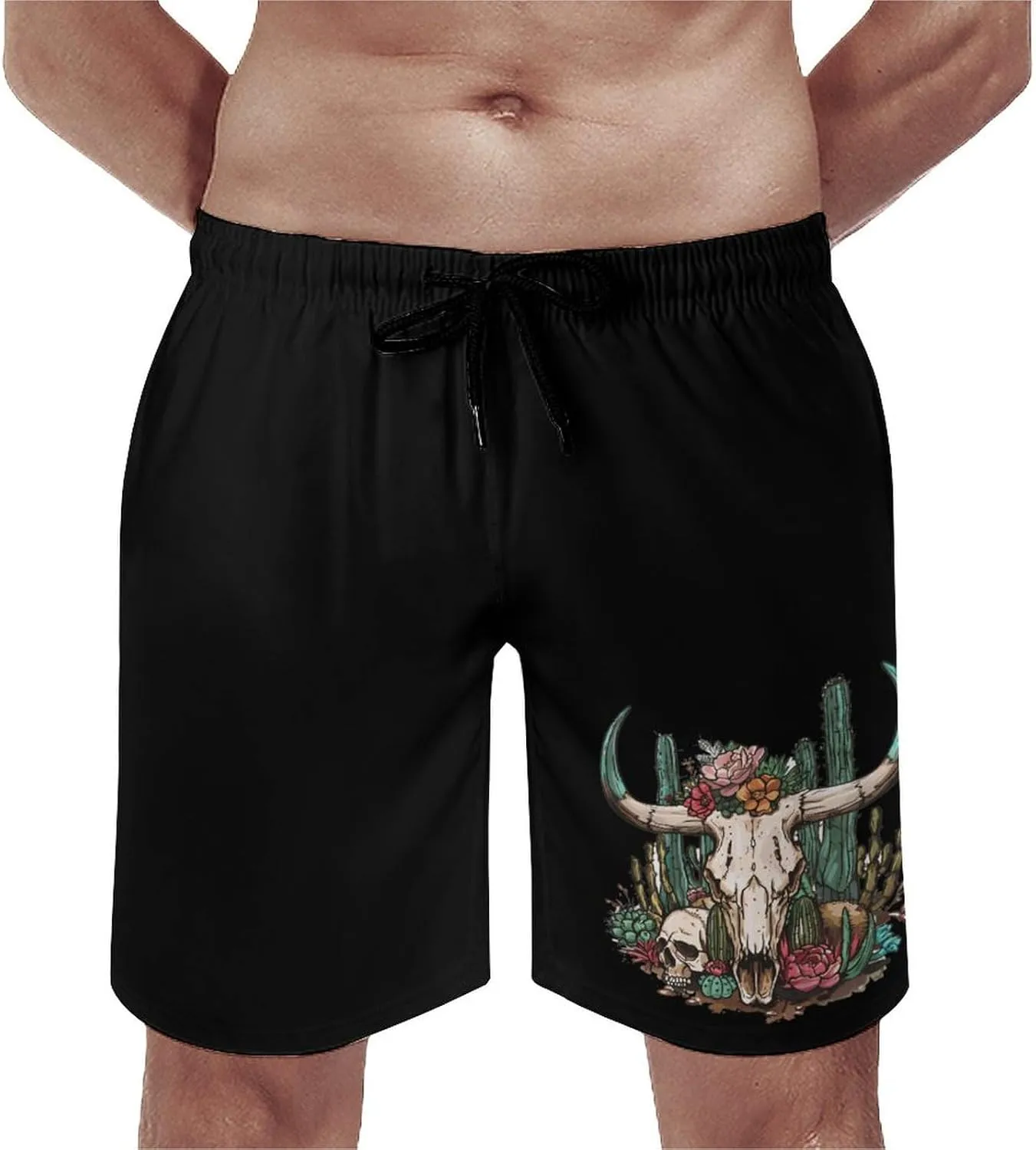 Cow Skull Cactus Men's Swim Trunks Quick Dry Board Shorts Breathable Summer Beach Shorts Bathing Suits
