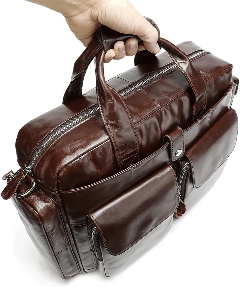 CSCDD Men's Business Handbag Large Capacity Business Briefcase Wear-resistant Oil Wax Leather Satchel