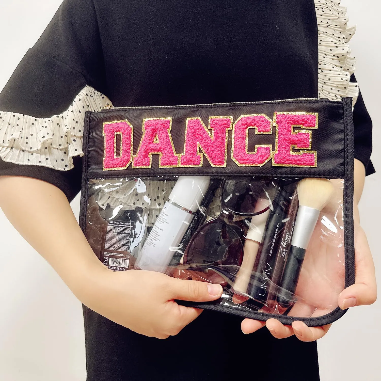Dance Recital Gifts Clear Makeup Letter Bag Dance Teacher Appreciation Gifts Dance Makeup Bag Chenille Letter Patch Cosmetic Bag Toiletry Zipper Pouch for Women Girls(Dance-black)