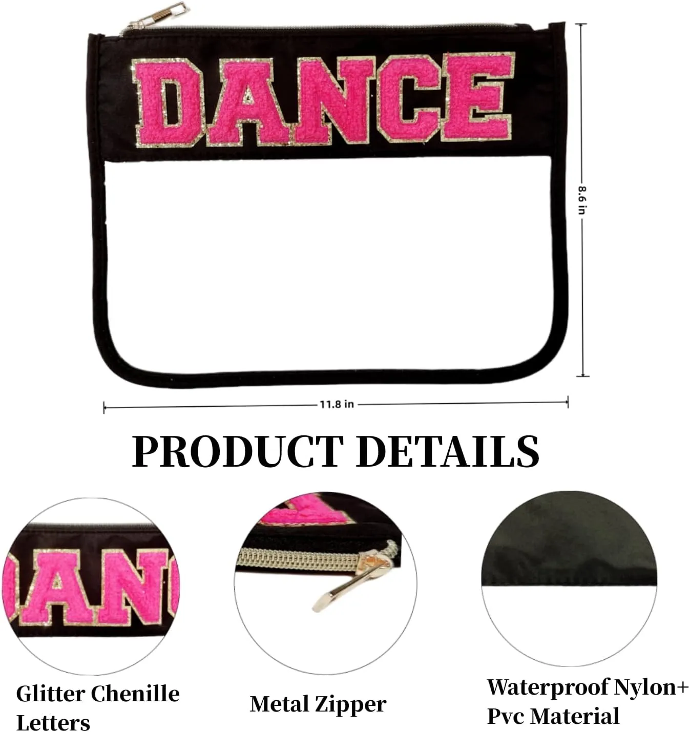 Dance Recital Gifts Clear Makeup Letter Bag Dance Teacher Appreciation Gifts Dance Makeup Bag Chenille Letter Patch Cosmetic Bag Toiletry Zipper Pouch for Women Girls(Dance-black)