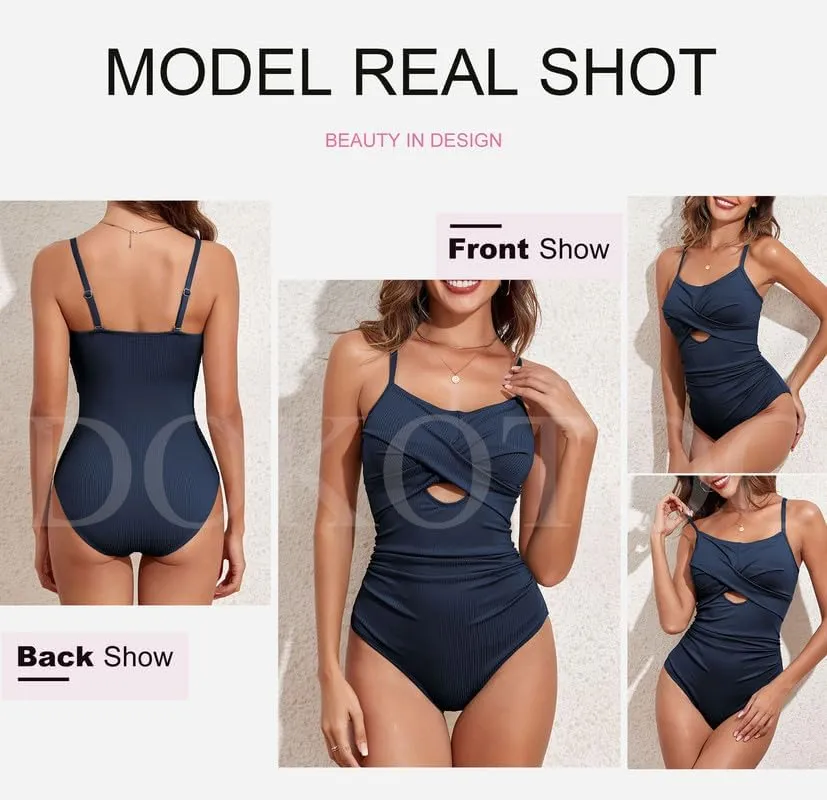 Dokotoo Women's One-Piece Swimsuits Adjustable Strap Cutout Monokini Padded Tummy Control Slimming Swimwear Bathing Suits