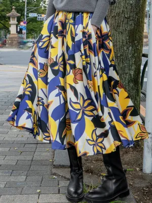 Dual-tone Vibrant Floral Print Flowy Round Skirt