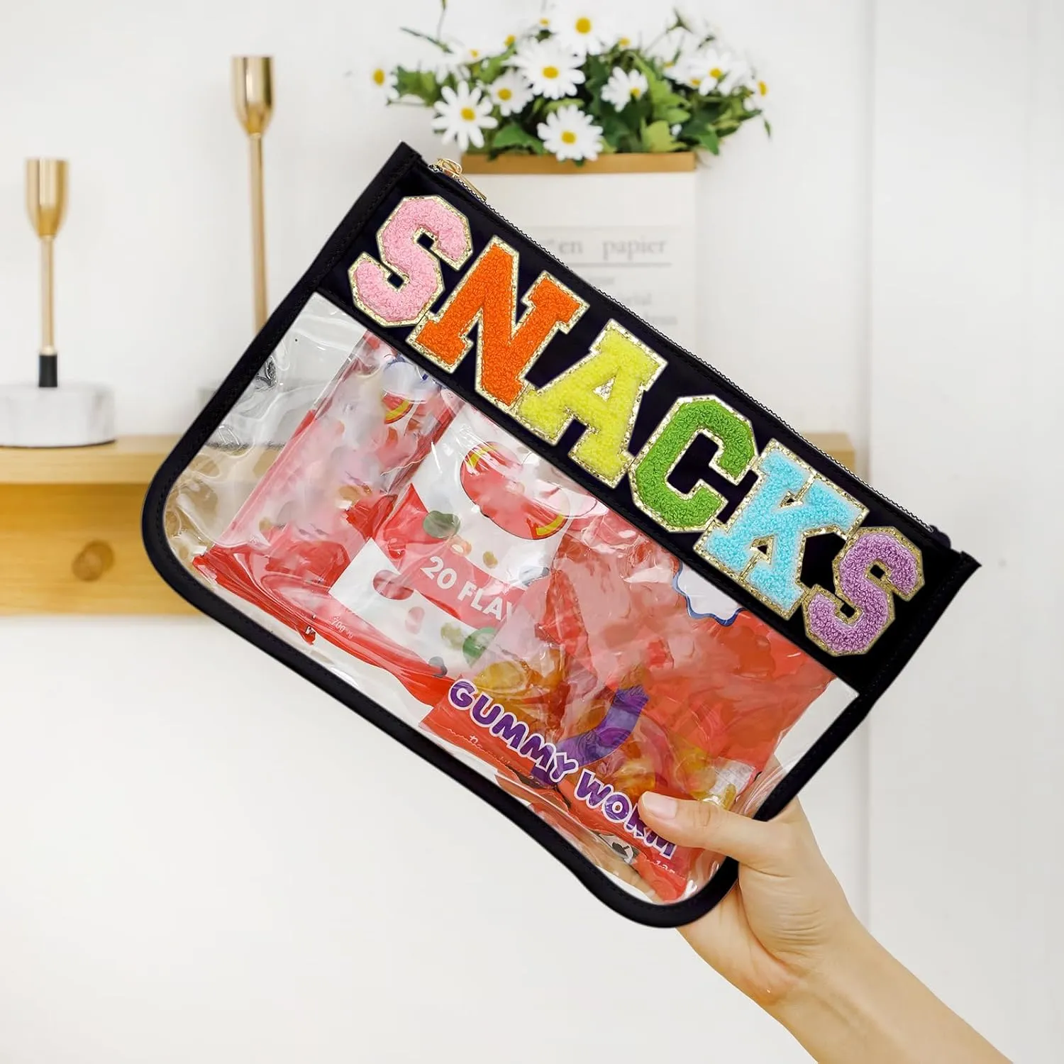 DYSHAYEN Chenille Letter Clear Zipper Pouch for Travel,Nylon Clear Cosmetic Bag,Makeup Travel Bag for Women Girls