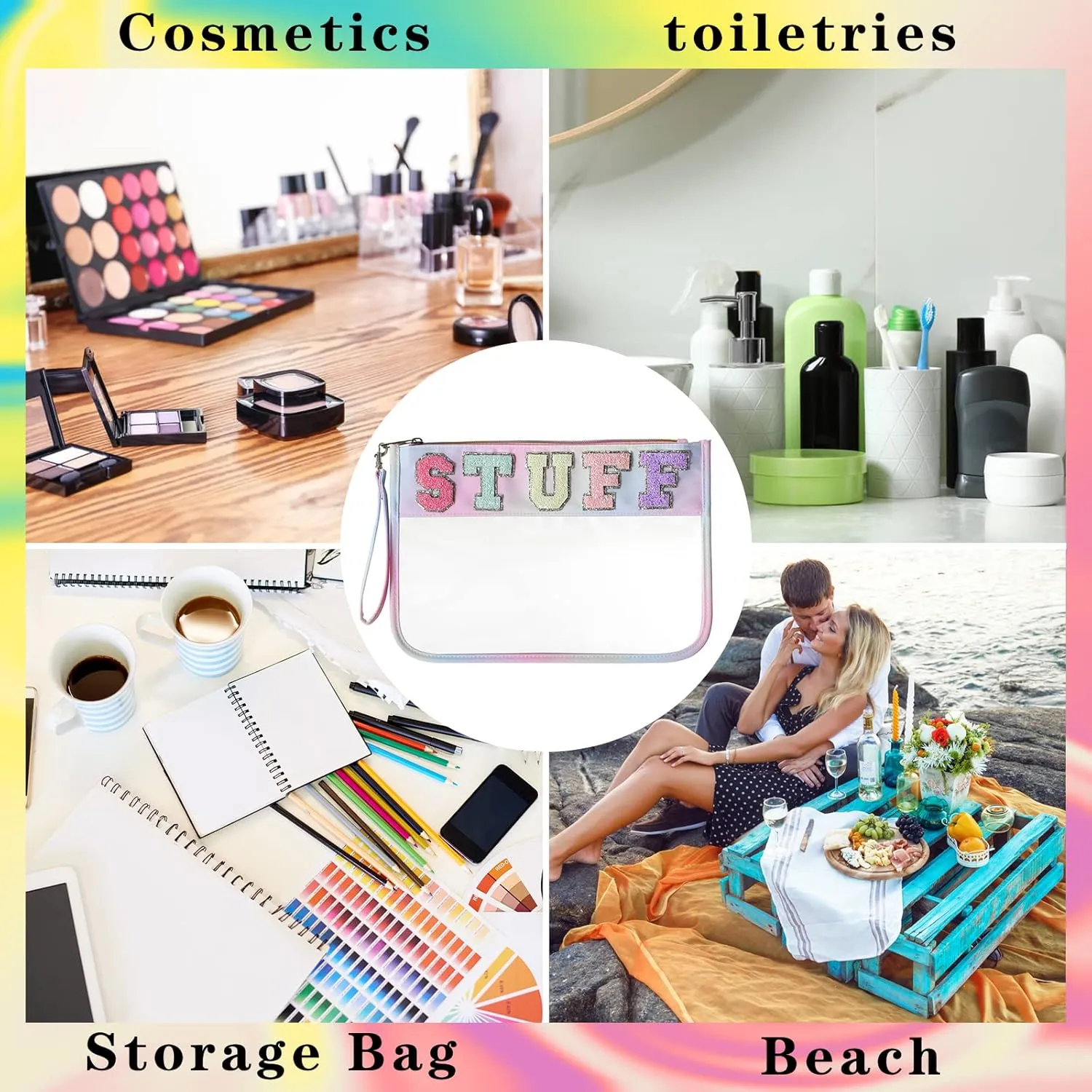 DYSHAYEN Chenille Letter Clear Zipper Pouch for Travel,Nylon Clear Cosmetic Bag,Makeup Travel Bag for Women Girls