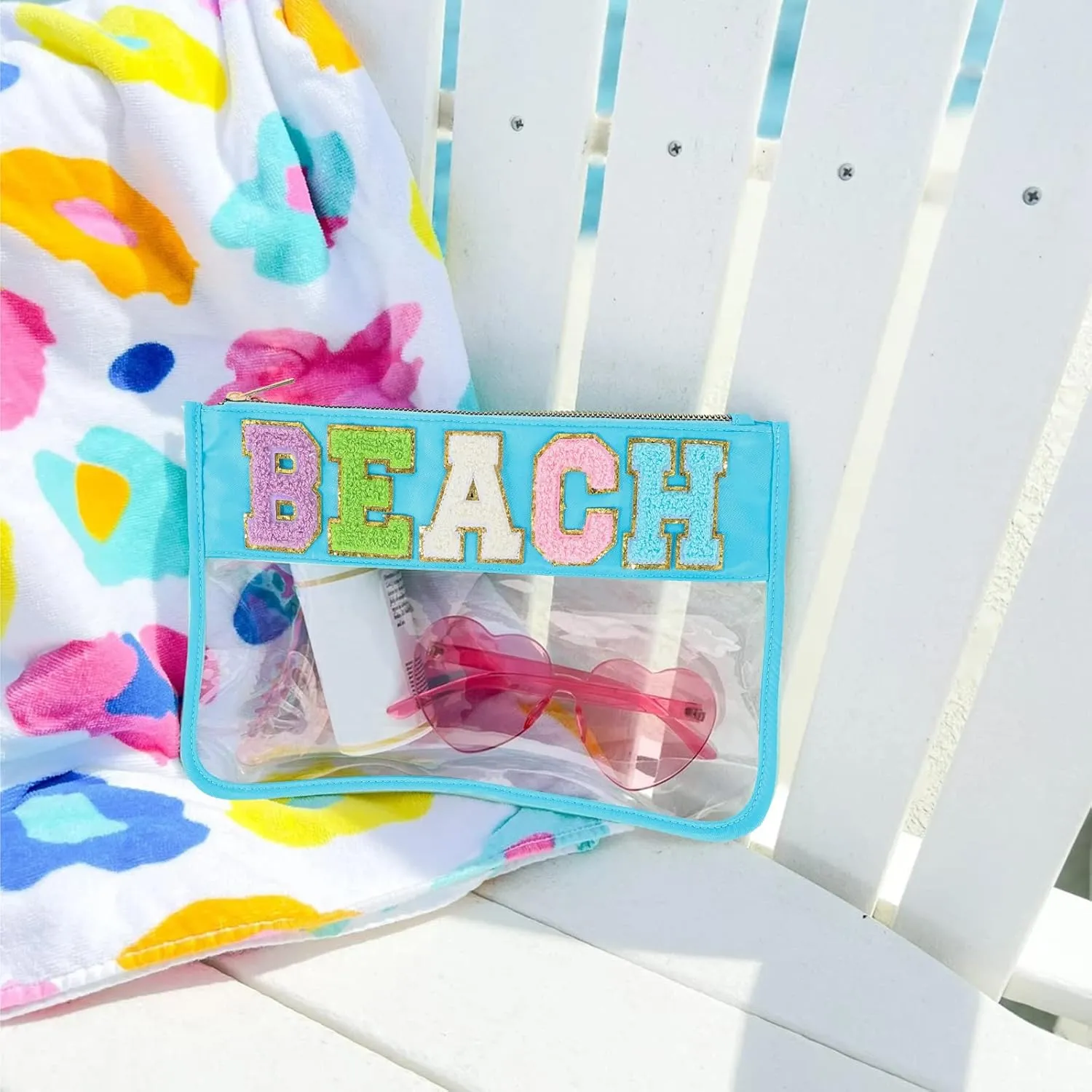 DYSHAYEN Chenille Letter Clear Zipper Pouch for Travel,Nylon Clear Cosmetic Bag,Makeup Travel Bag for Women Girls