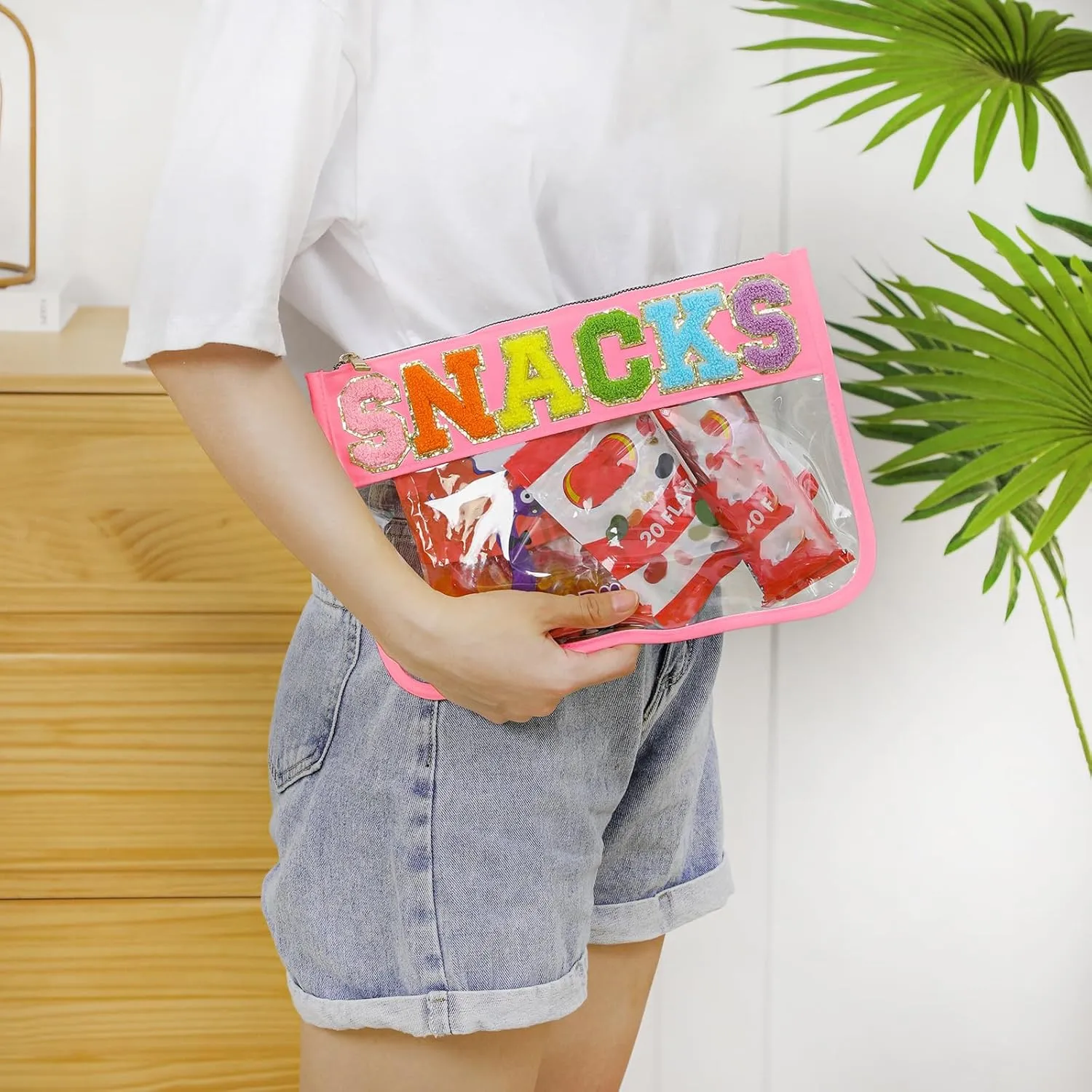 DYSHAYEN Chenille Letter Clear Zipper Pouch for Travel,Nylon Clear Cosmetic Bag,Makeup Travel Bag for Women Girls