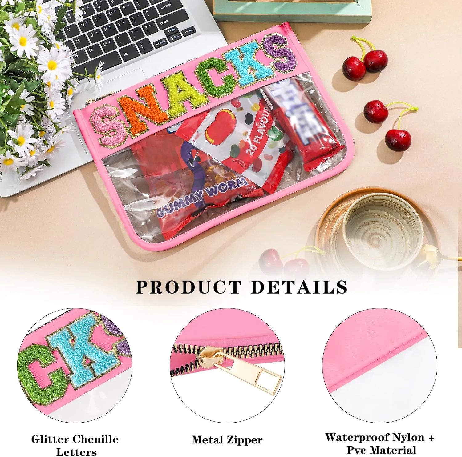 DYSHAYEN Chenille Letter Clear Zipper Pouch for Travel,Nylon Clear Cosmetic Bag,Makeup Travel Bag for Women Girls