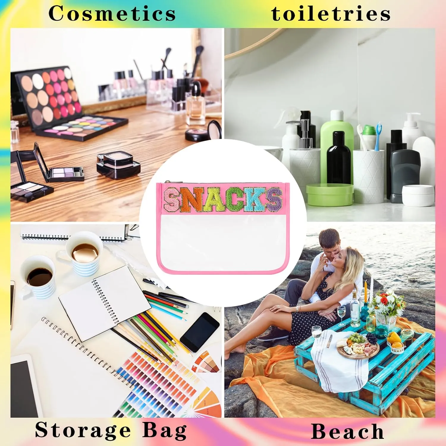 DYSHAYEN Chenille Letter Clear Zipper Pouch for Travel,Nylon Clear Cosmetic Bag,Makeup Travel Bag for Women Girls