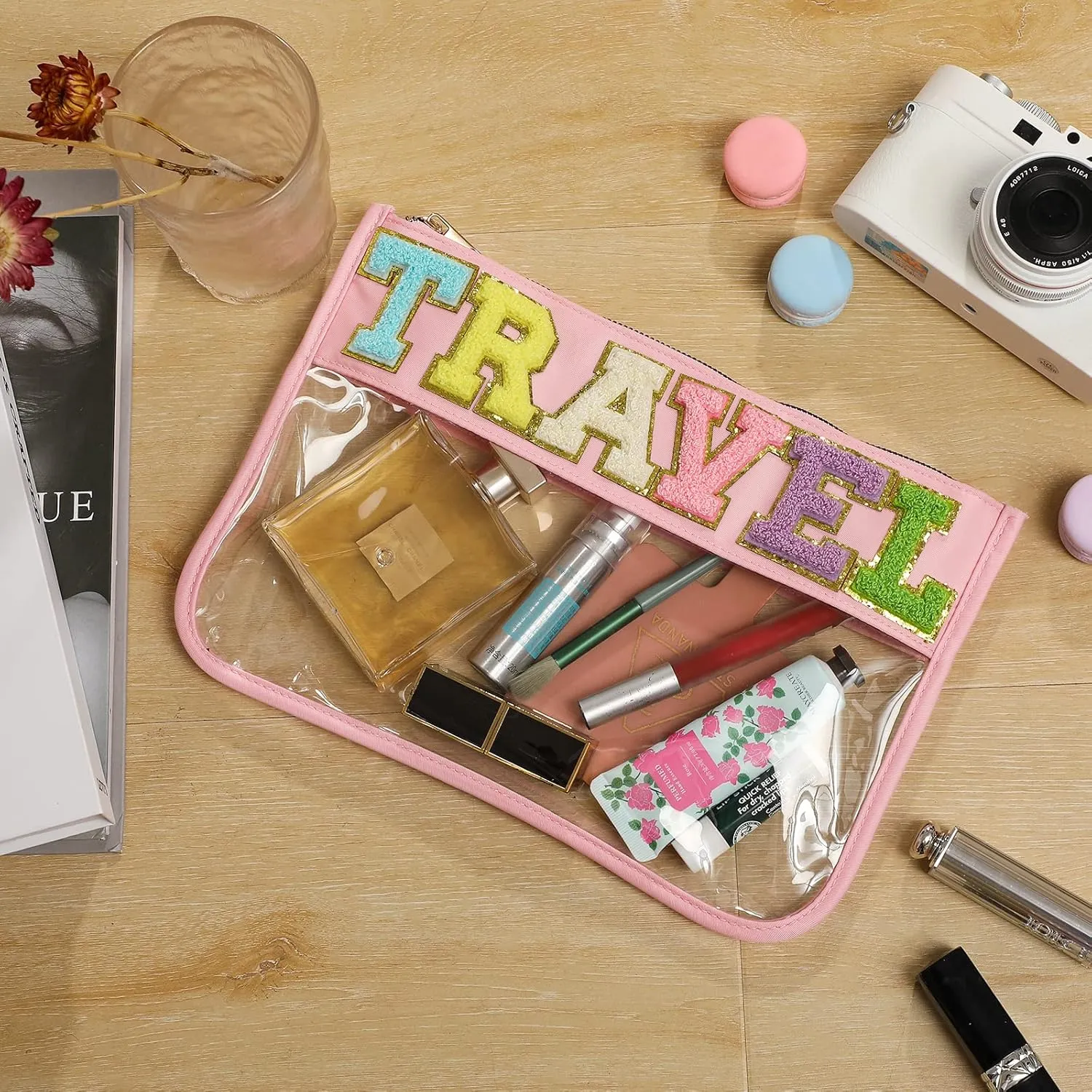 DYSHAYEN Chenille Letter Clear Zipper Pouch for Travel,Nylon Clear Cosmetic Bag,Makeup Travel Bag for Women Girls