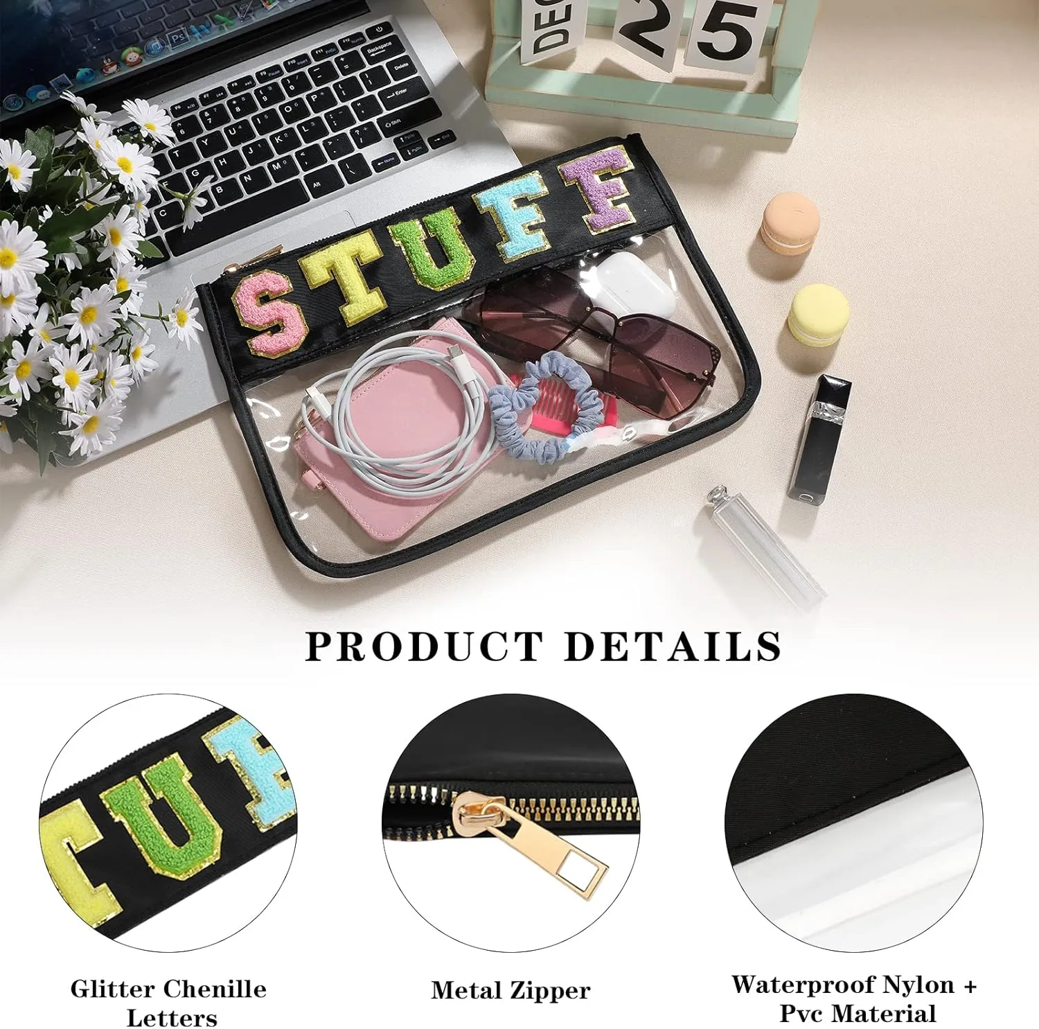 DYSHAYEN Chenille Letter Clear Zipper Pouch for Travel,Nylon Clear Cosmetic Bag,Makeup Travel Bag for Women Girls
