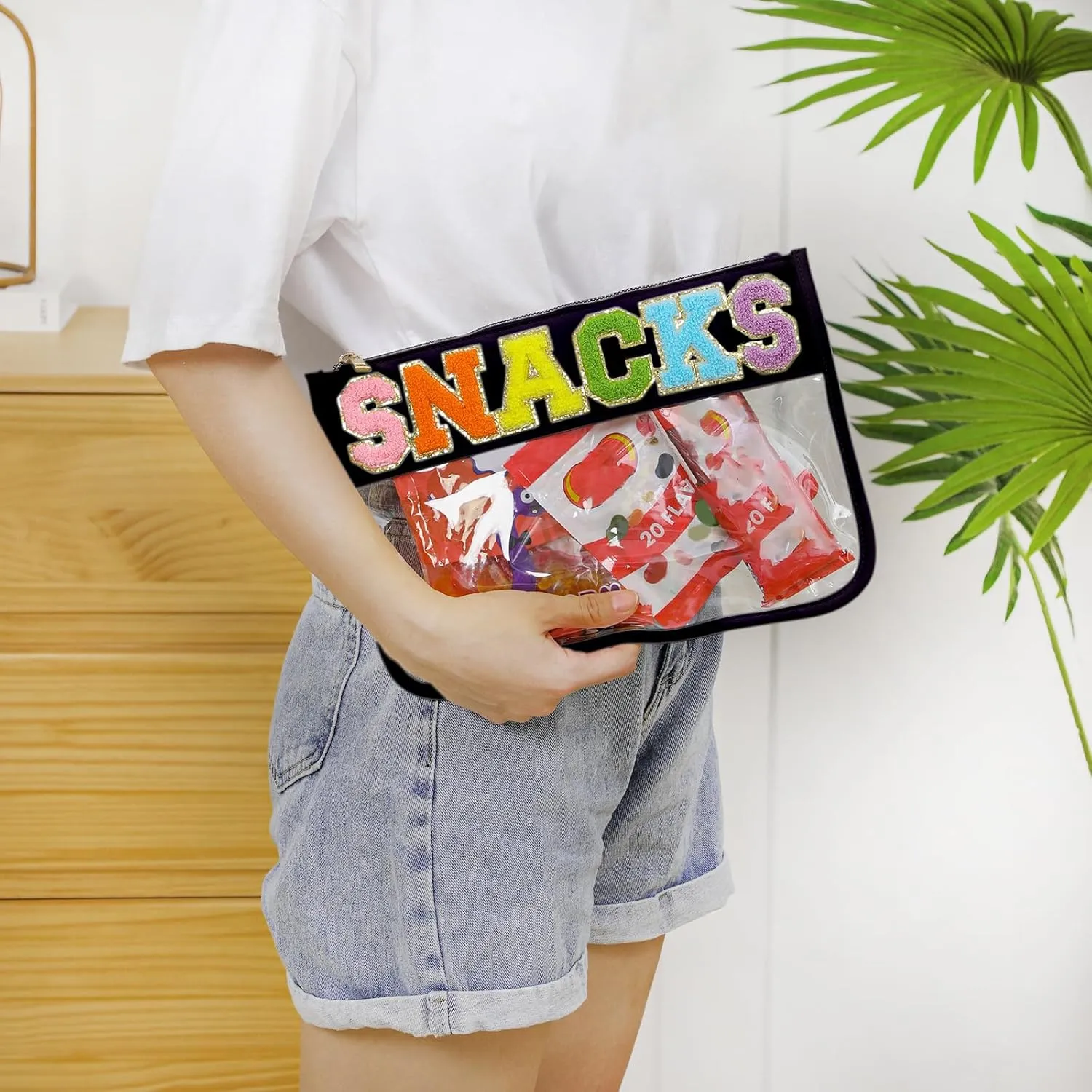 DYSHAYEN Chenille Letter Clear Zipper Pouch for Travel,Nylon Clear Cosmetic Bag,Makeup Travel Bag for Women Girls