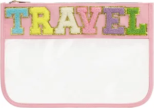 DYSHAYEN Chenille Letter Clear Zipper Pouch for Travel,Nylon Clear Cosmetic Bag,Makeup Travel Bag for Women Girls