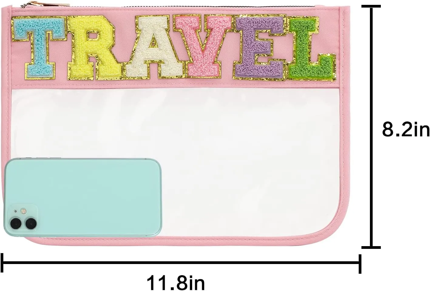 DYSHAYEN Chenille Letter Clear Zipper Pouch for Travel,Nylon Clear Cosmetic Bag,Makeup Travel Bag for Women Girls
