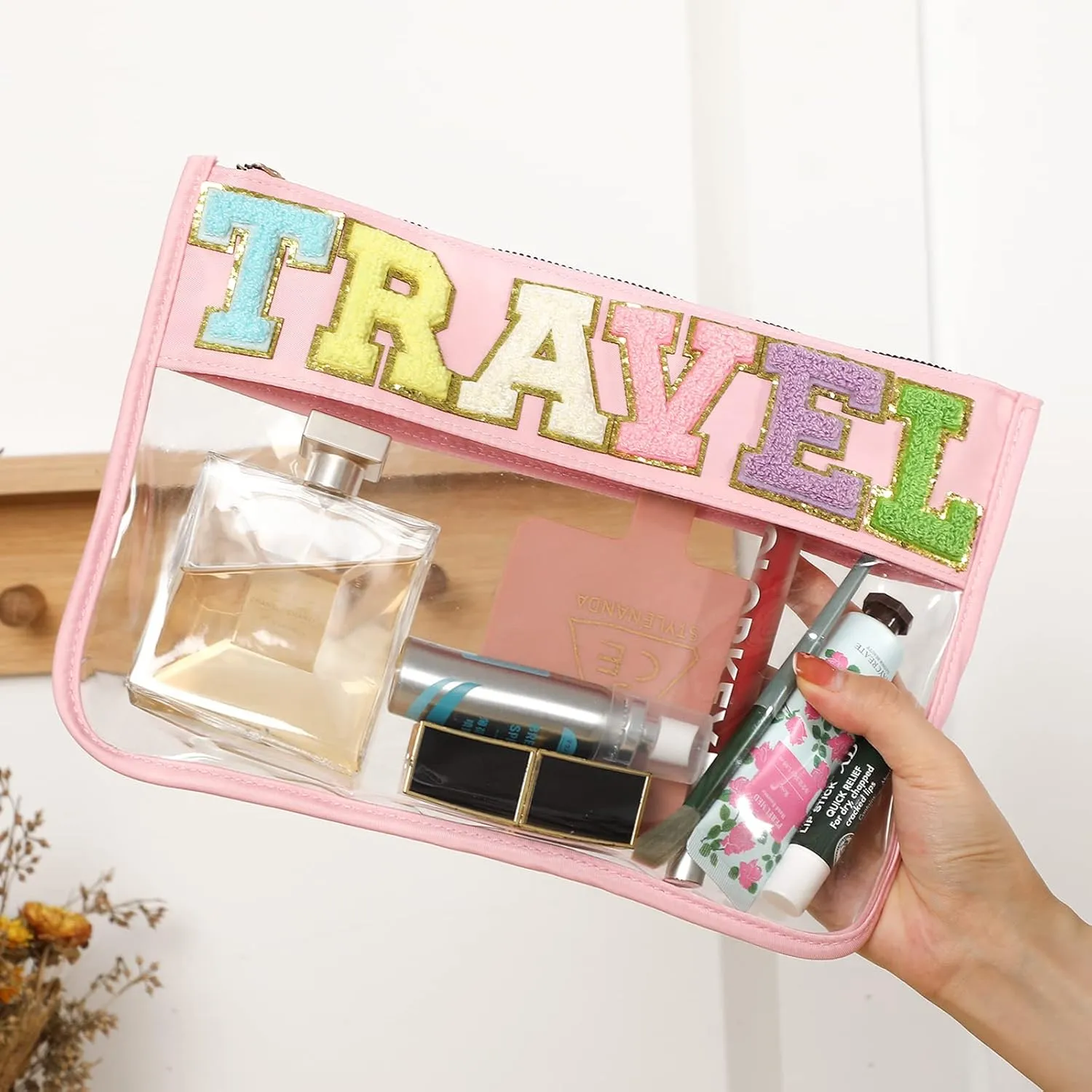 DYSHAYEN Chenille Letter Clear Zipper Pouch for Travel,Nylon Clear Cosmetic Bag,Makeup Travel Bag for Women Girls