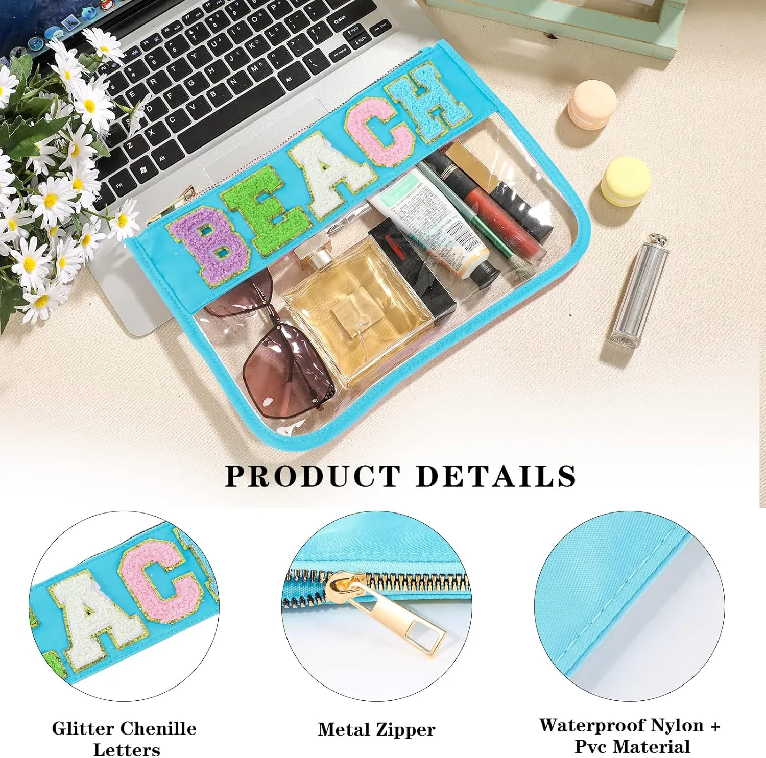 DYSHAYEN Chenille Letter Clear Zipper Pouch for Travel,Nylon Clear Cosmetic Bag,Makeup Travel Bag for Women Girls