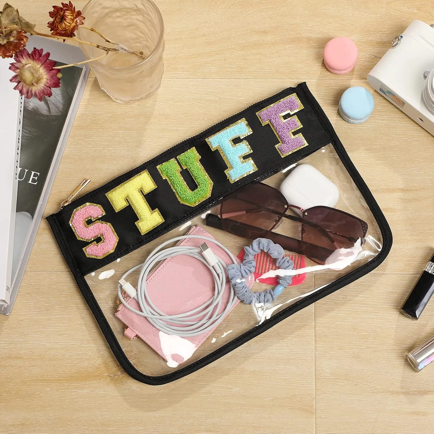 DYSHAYEN Chenille Letter Clear Zipper Pouch for Travel,Nylon Clear Cosmetic Bag,Makeup Travel Bag for Women Girls