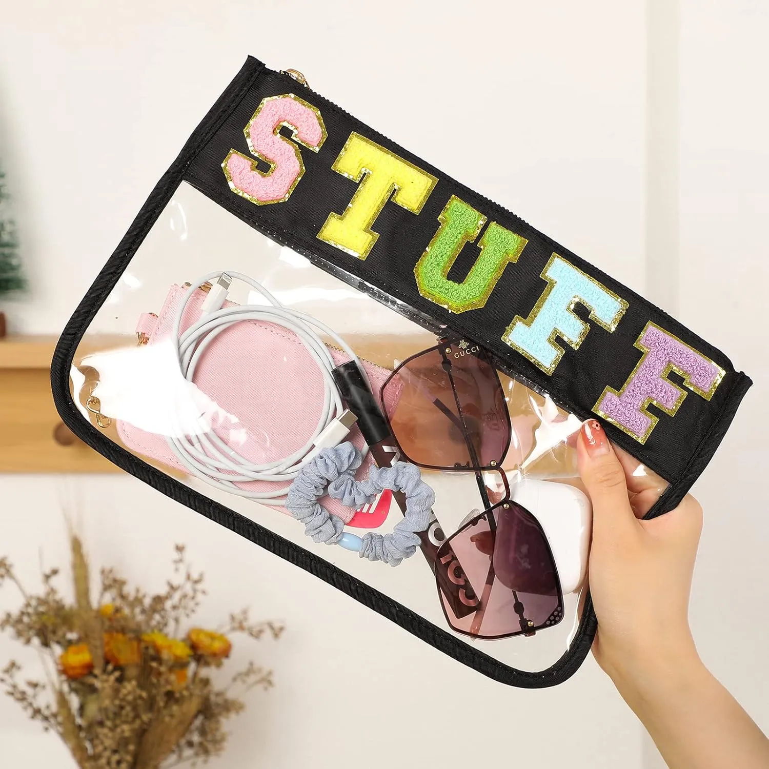 DYSHAYEN Chenille Letter Clear Zipper Pouch for Travel,Nylon Clear Cosmetic Bag,Makeup Travel Bag for Women Girls