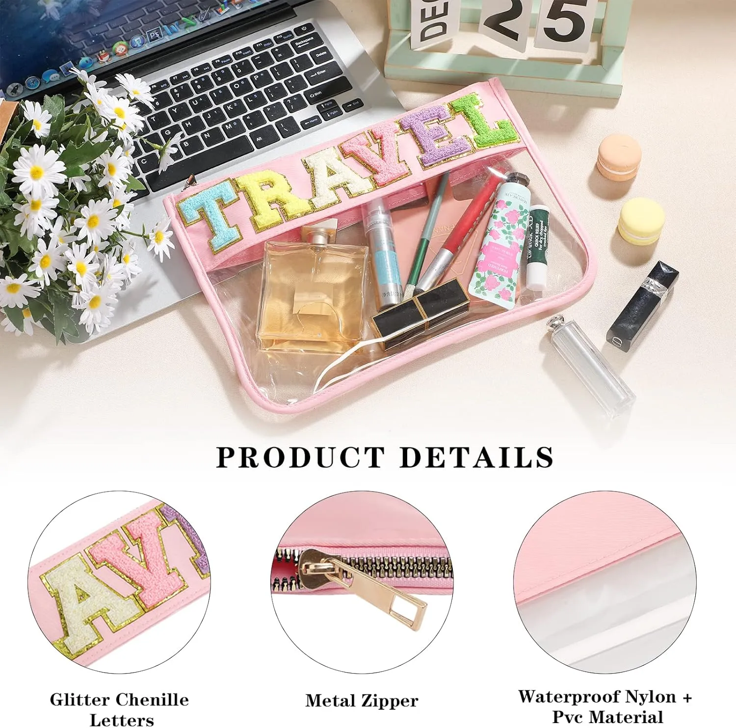 DYSHAYEN Chenille Letter Clear Zipper Pouch for Travel,Nylon Clear Cosmetic Bag,Makeup Travel Bag for Women Girls
