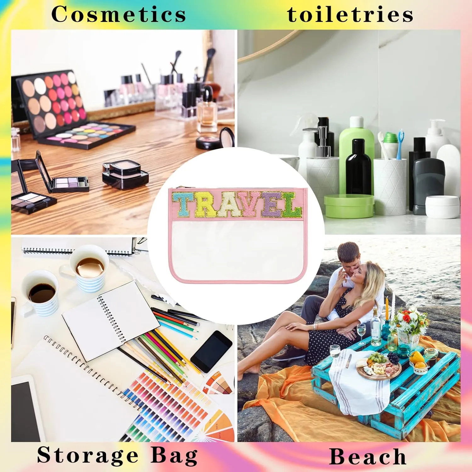 DYSHAYEN Chenille Letter Clear Zipper Pouch for Travel,Nylon Clear Cosmetic Bag,Makeup Travel Bag for Women Girls