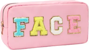 DYSHAYEN Nylon Cosmetic Bag Preppy Face Care Makeup Bag for Women Travel Toiletry Organizer with Chenille Letter Patches (Pink-FACE)