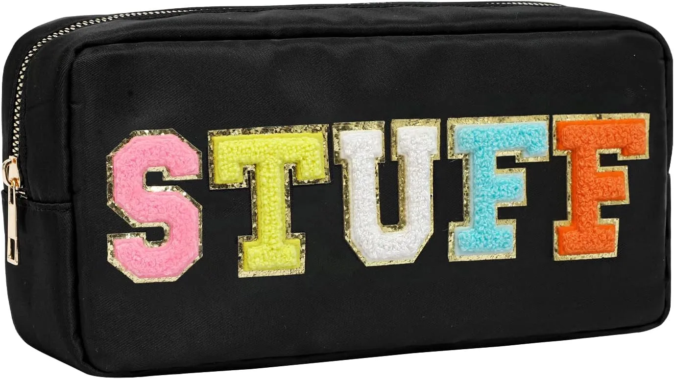 DYSHAYEN Nylon Cosmetic Bag Preppy Makeup Stuff Bag for Women Travel Toiletry Organizer with Chenille Letter Patches (Black-STUFF)