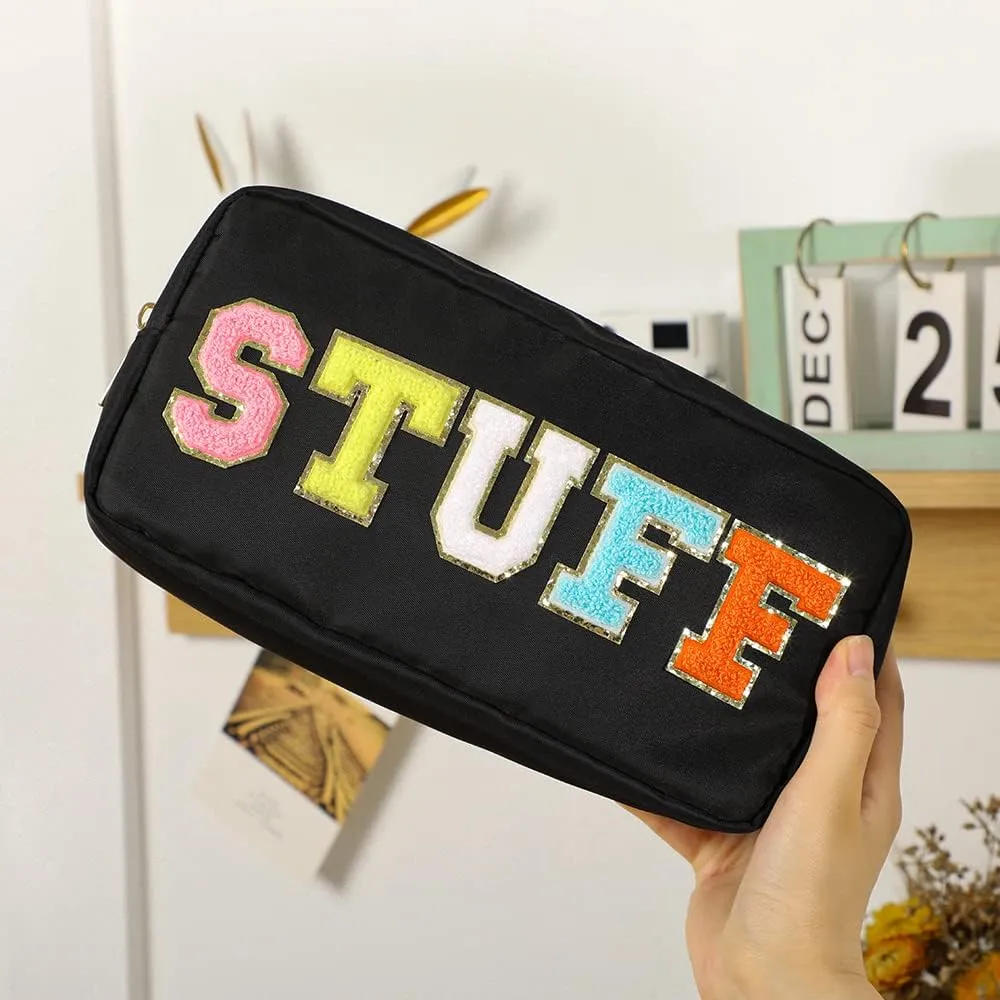 DYSHAYEN Nylon Cosmetic Bag Preppy Makeup Stuff Bag for Women Travel Toiletry Organizer with Chenille Letter Patches (Black-STUFF)