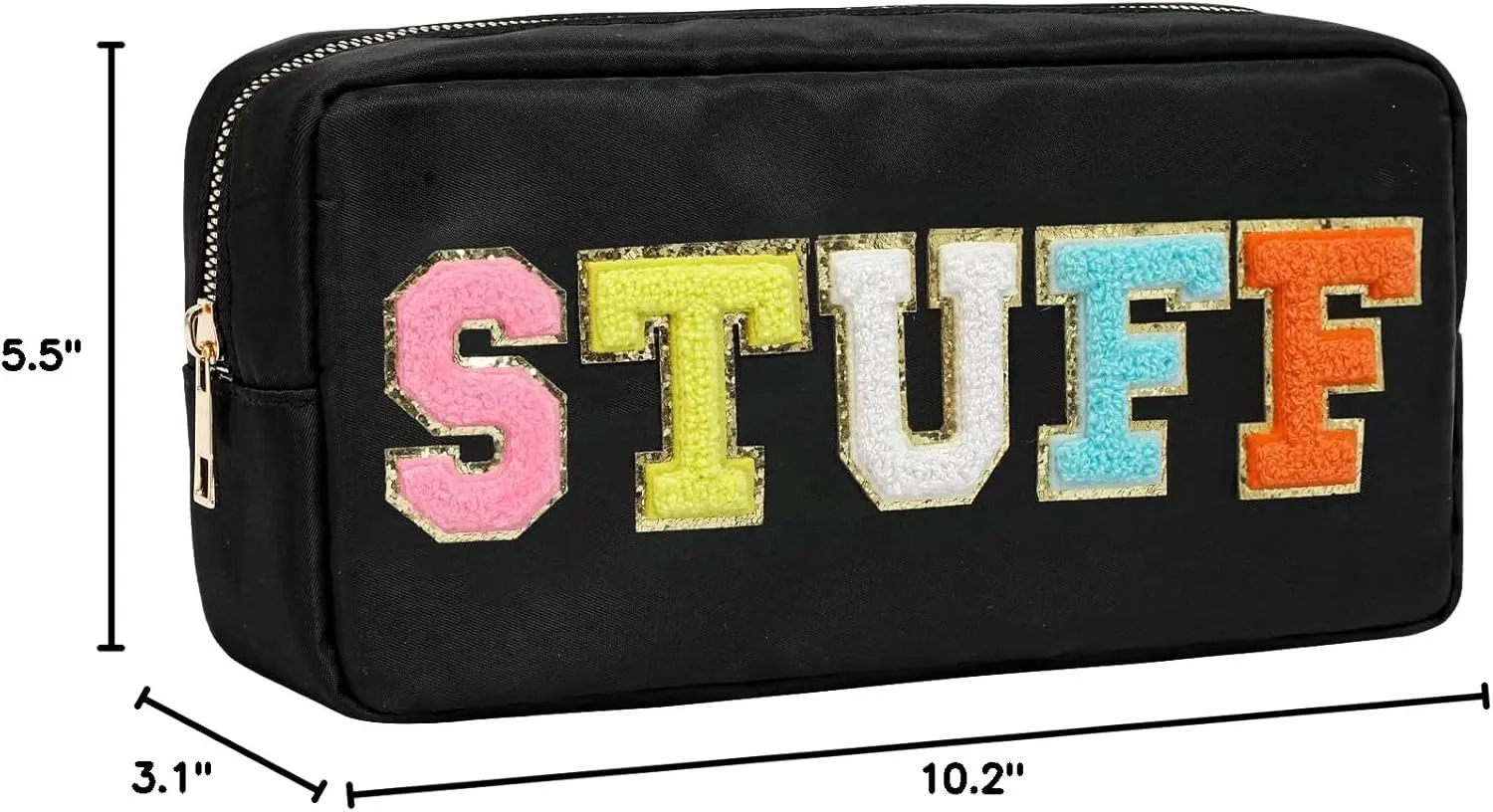 DYSHAYEN Nylon Cosmetic Bag Preppy Makeup Stuff Bag for Women Travel Toiletry Organizer with Chenille Letter Patches (Black-STUFF)