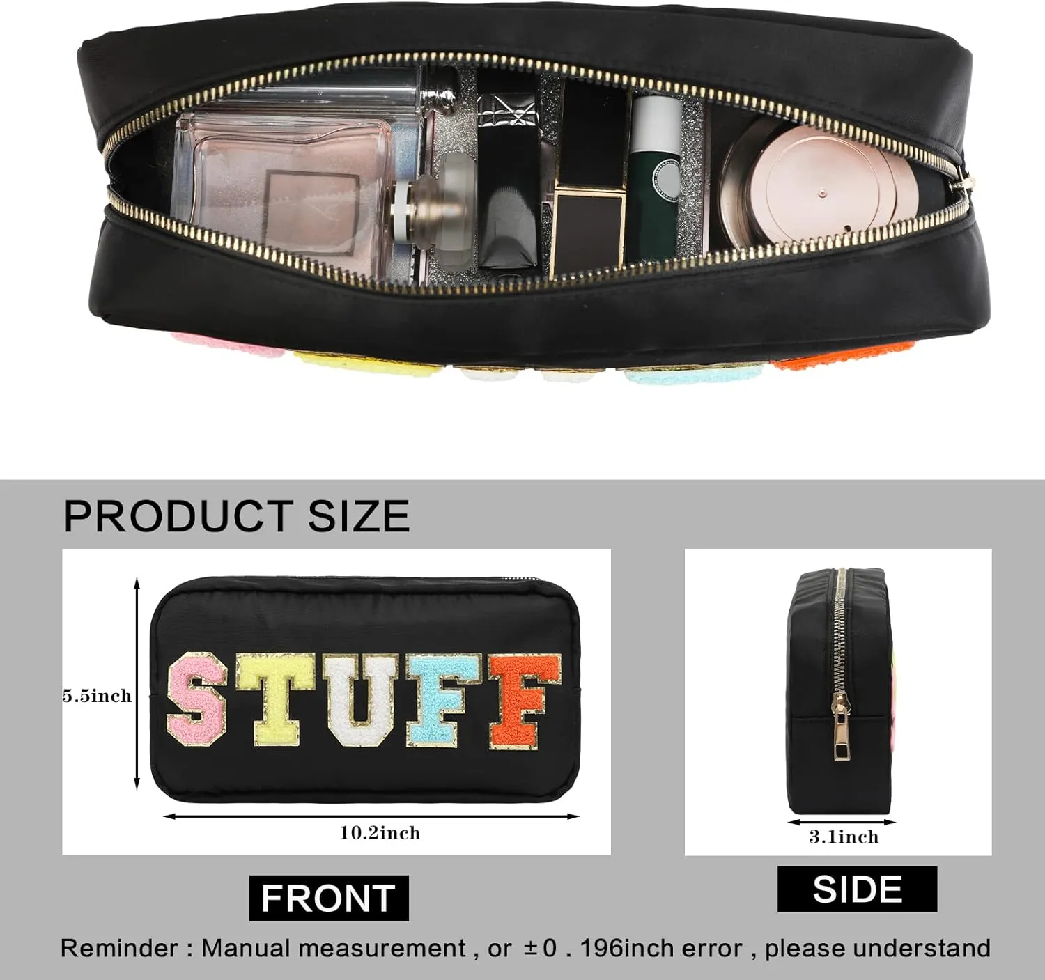 DYSHAYEN Nylon Cosmetic Bag Preppy Makeup Stuff Bag for Women Travel Toiletry Organizer with Chenille Letter Patches (Black-STUFF)