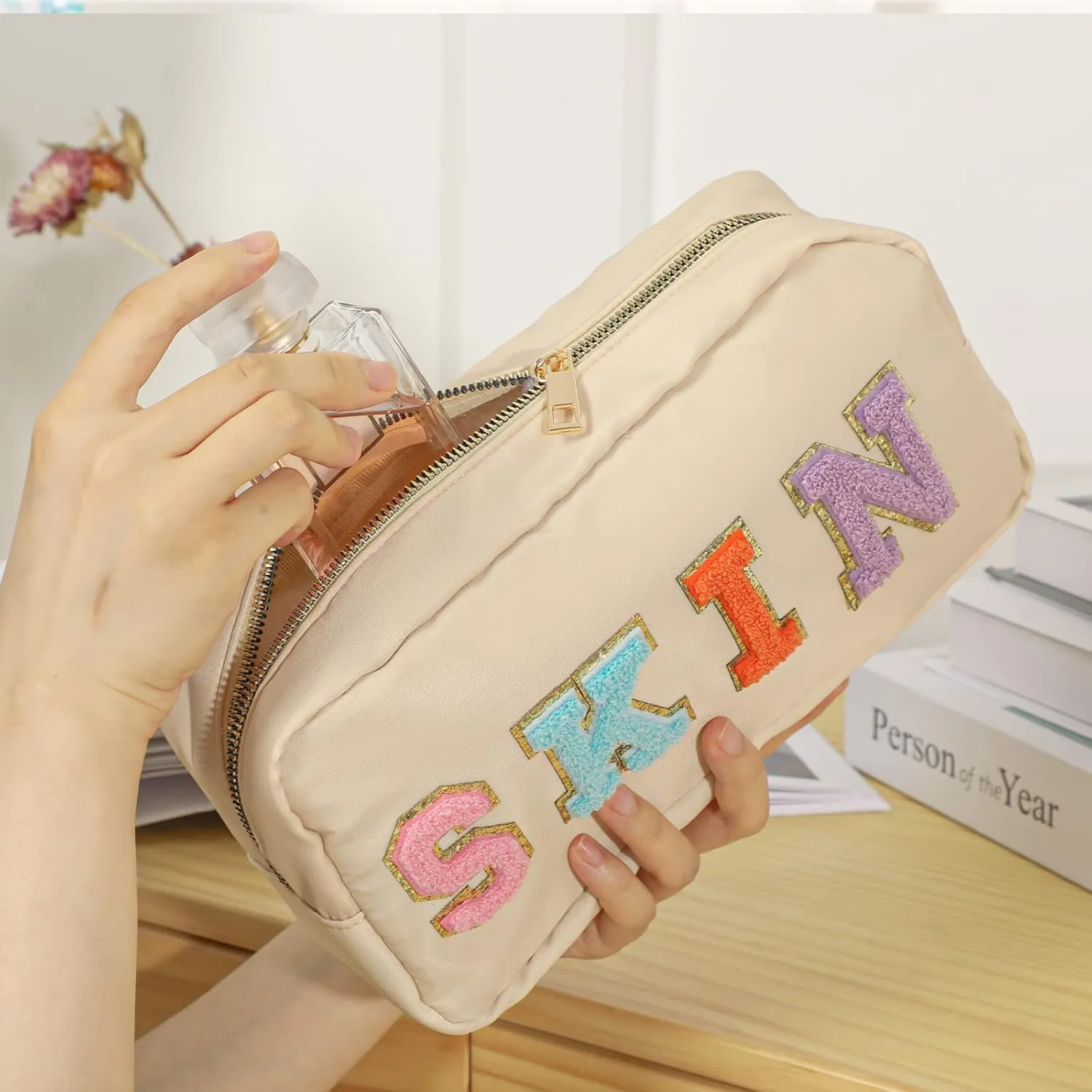 DYSHAYEN Nylon Cosmetic Bag Preppy Skin Care Bag Makeup Bag for Women Travel Toiletry Organizer with Chenille Letter Patches (Beige-SKIN)