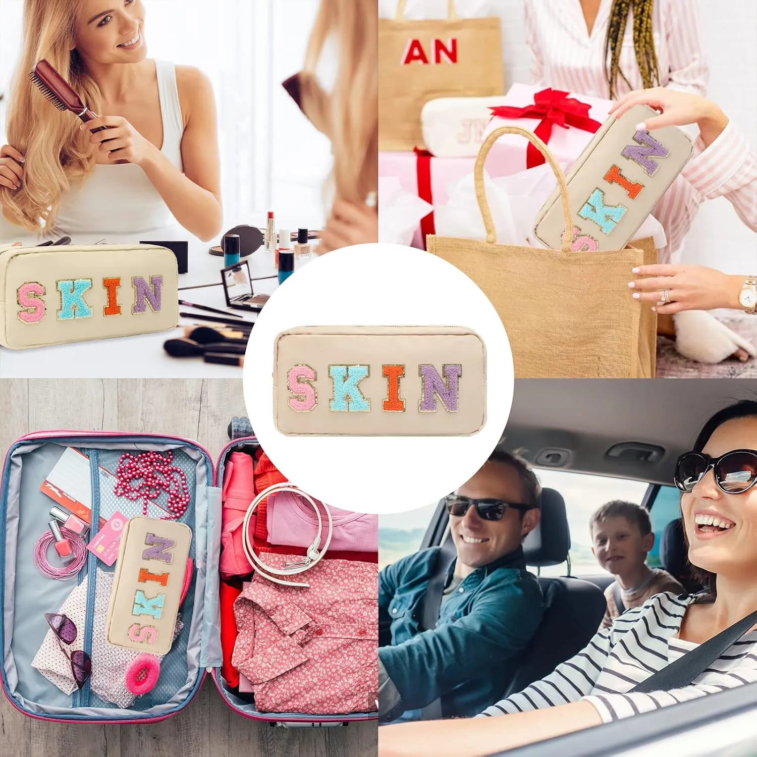 DYSHAYEN Nylon Cosmetic Bag Preppy Skin Care Bag Makeup Bag for Women Travel Toiletry Organizer with Chenille Letter Patches (Beige-SKIN)