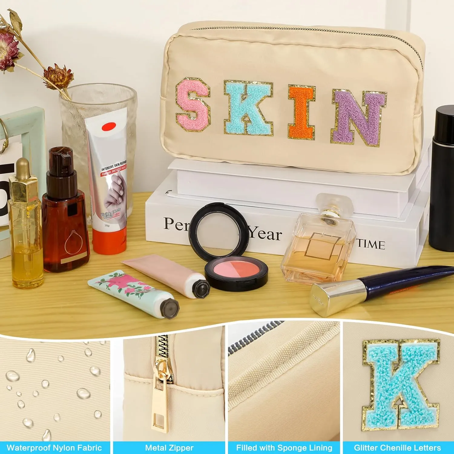 DYSHAYEN Nylon Cosmetic Bag Preppy Skin Care Bag Makeup Bag for Women Travel Toiletry Organizer with Chenille Letter Patches (Beige-SKIN)