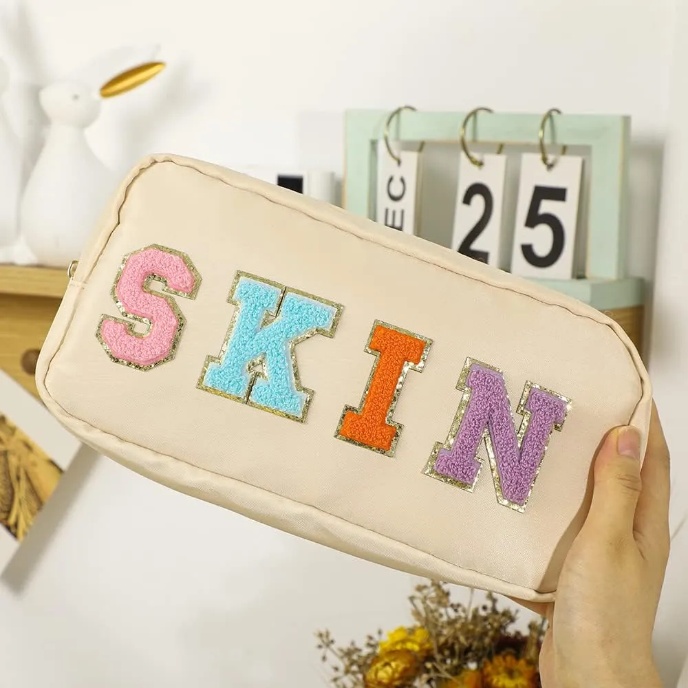 DYSHAYEN Nylon Cosmetic Bag Preppy Skin Care Bag Makeup Bag for Women Travel Toiletry Organizer with Chenille Letter Patches (Beige-SKIN)