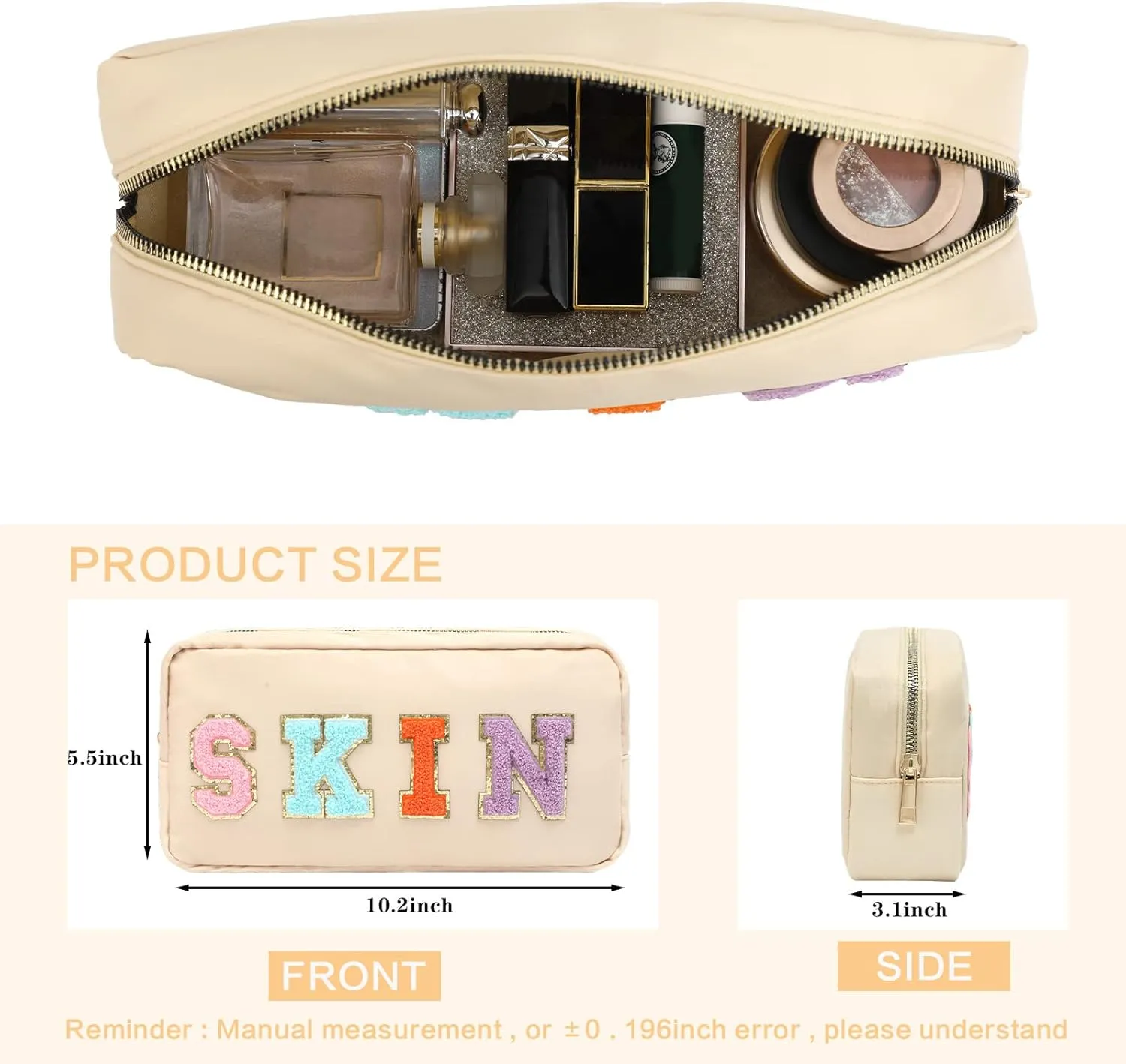 DYSHAYEN Nylon Cosmetic Bag Preppy Skin Care Bag Makeup Bag for Women Travel Toiletry Organizer with Chenille Letter Patches (Beige-SKIN)