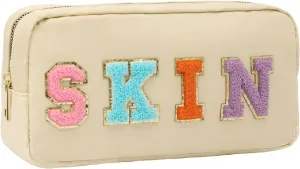 DYSHAYEN Nylon Cosmetic Bag Preppy Skin Care Bag Makeup Bag for Women Travel Toiletry Organizer with Chenille Letter Patches (Beige-SKIN)