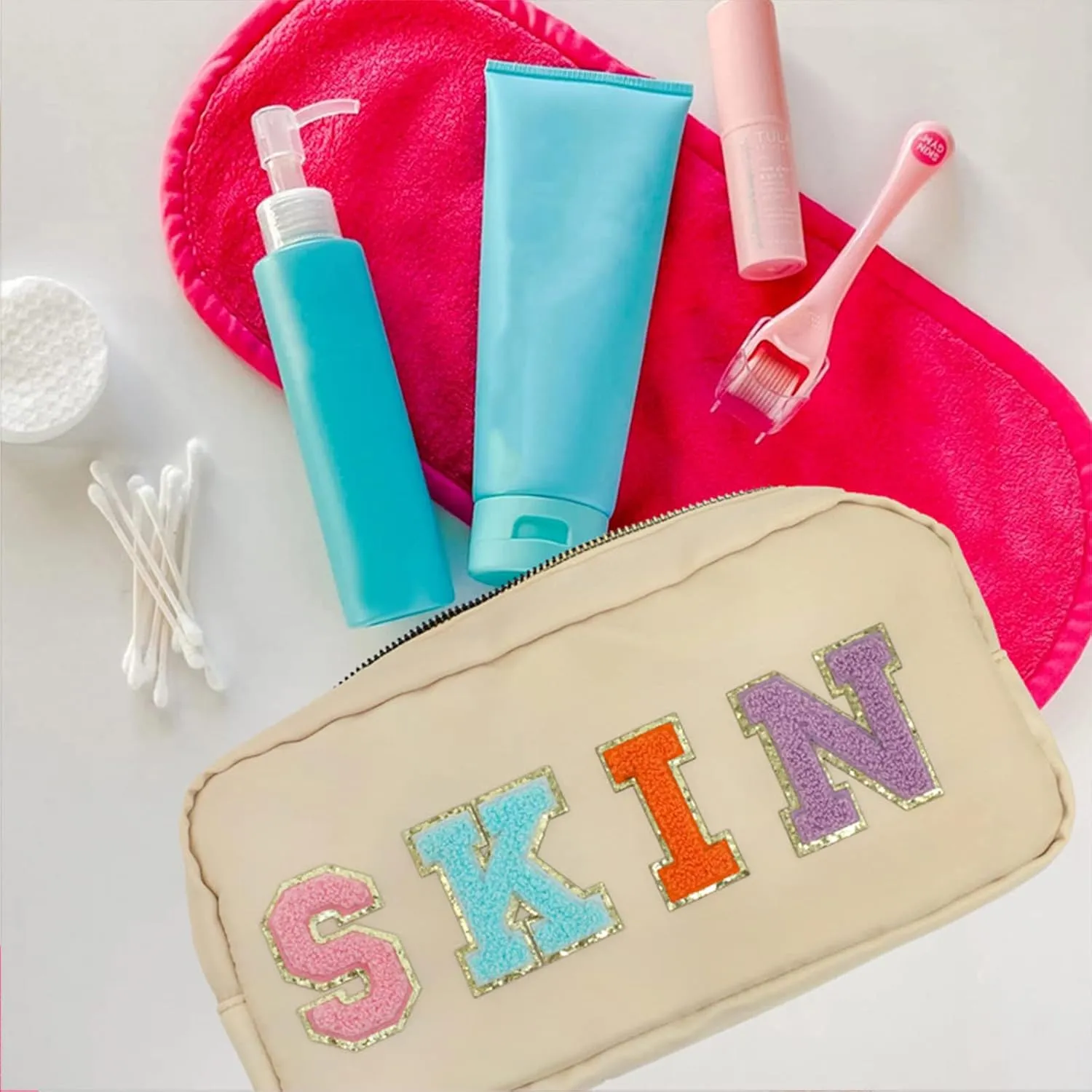 DYSHAYEN Nylon Cosmetic Bag Preppy Skin Care Bag Makeup Bag for Women Travel Toiletry Organizer with Chenille Letter Patches (Beige-SKIN)