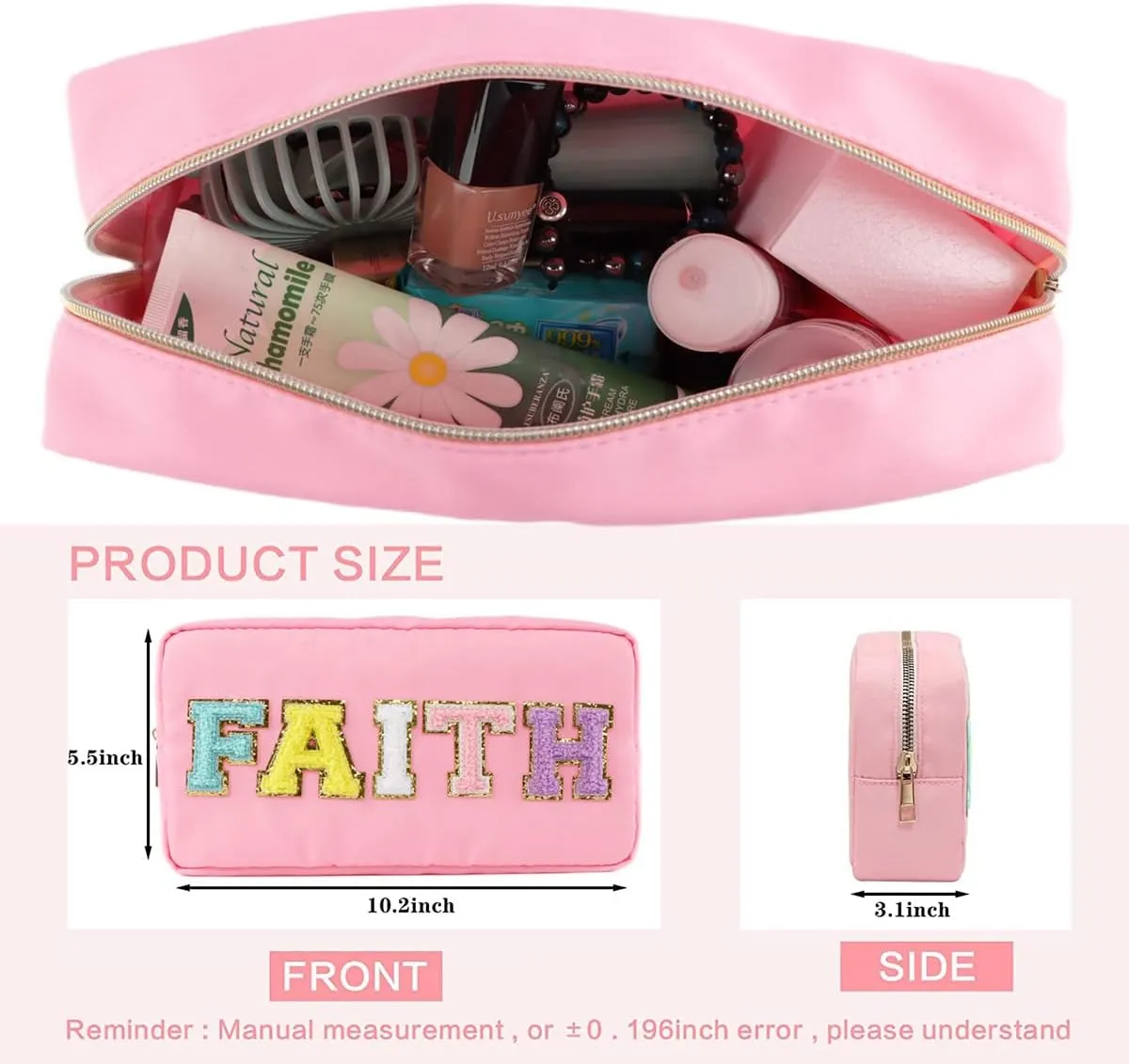 EKOBLA Makeup Organizer Bag Thickened Fabric Bags for Women, Nylon Cosmetic Bag, Waterproof Travel Toiletry Bag for Make Up, Lipstick, Makeup Brushes (Pink-Faith)