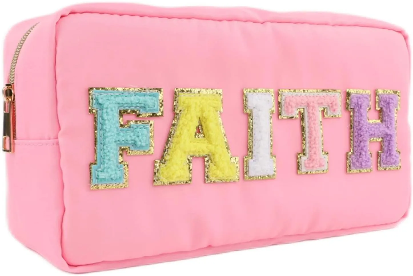 EKOBLA Makeup Organizer Bag Thickened Fabric Bags for Women, Nylon Cosmetic Bag, Waterproof Travel Toiletry Bag for Make Up, Lipstick, Makeup Brushes (Pink-Faith)