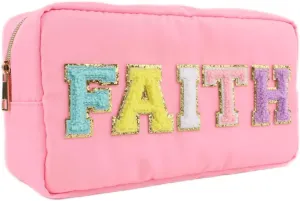 EKOBLA Makeup Organizer Bag Thickened Fabric Bags for Women, Nylon Cosmetic Bag, Waterproof Travel Toiletry Bag for Make Up, Lipstick, Makeup Brushes (Pink-Faith)