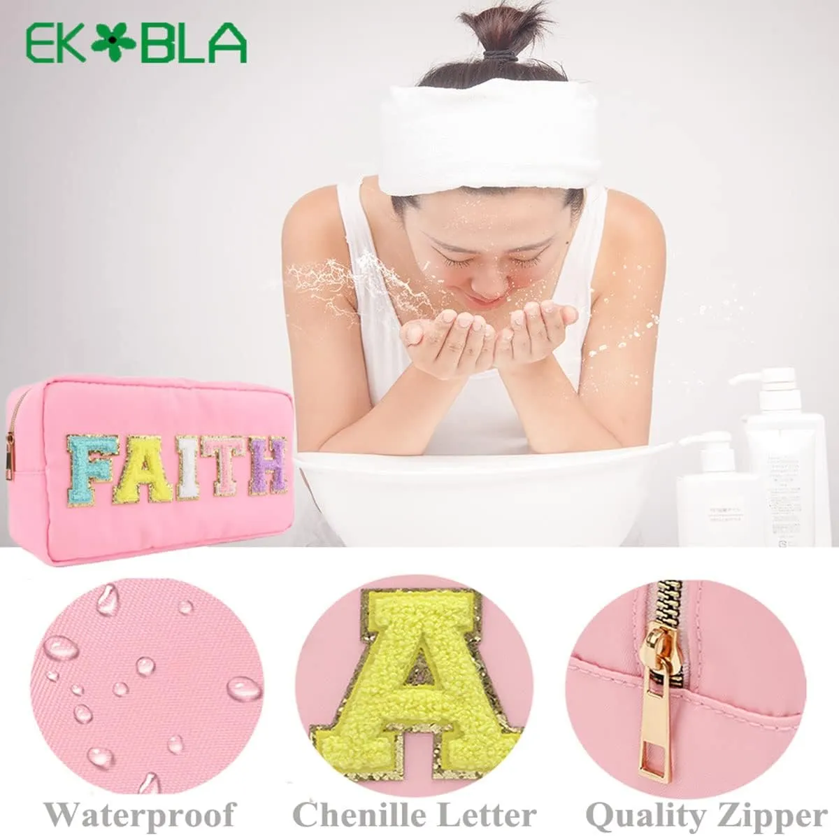 EKOBLA Makeup Organizer Bag Thickened Fabric Bags for Women, Nylon Cosmetic Bag, Waterproof Travel Toiletry Bag for Make Up, Lipstick, Makeup Brushes (Pink-Faith)