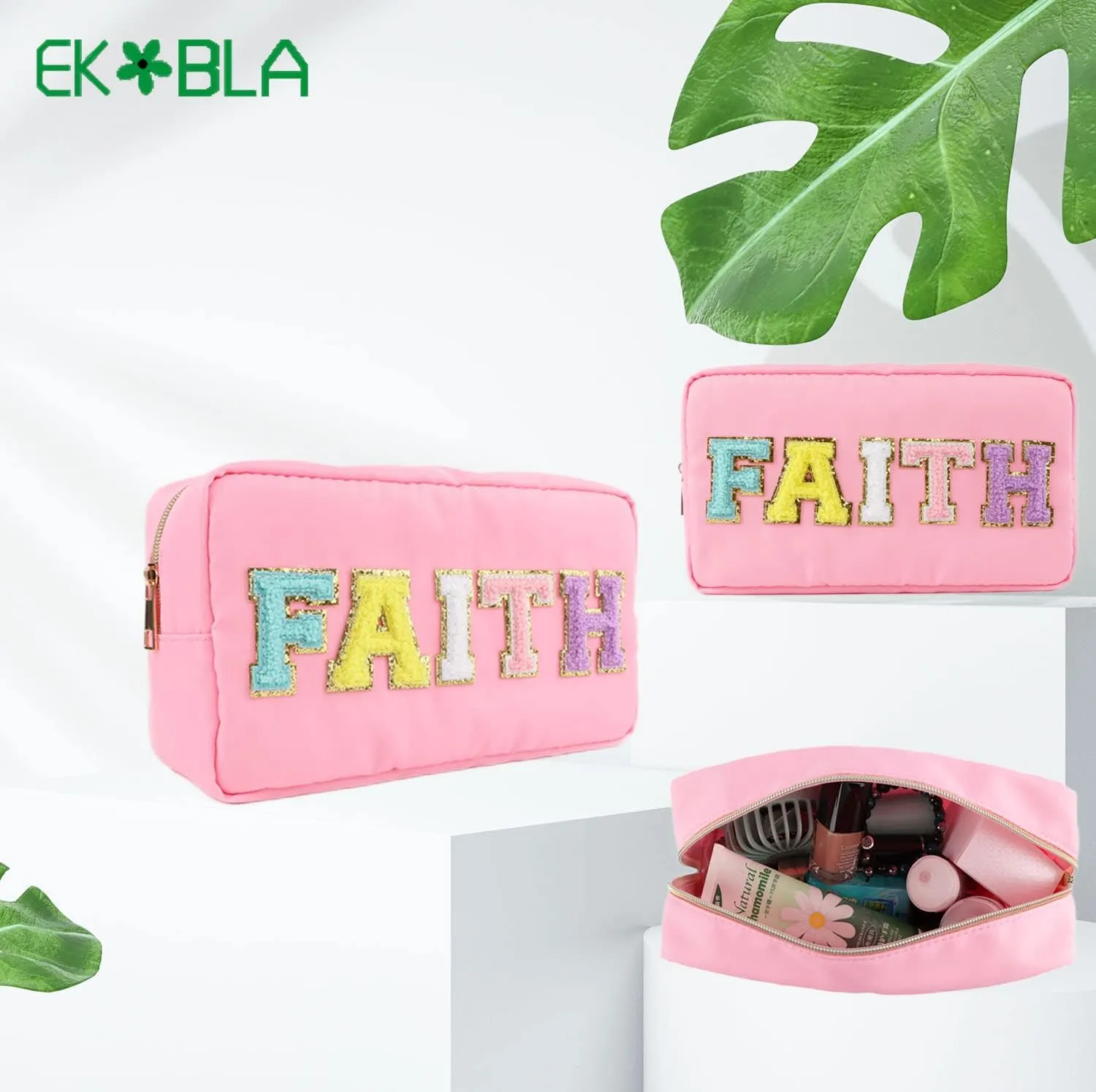 EKOBLA Makeup Organizer Bag Thickened Fabric Bags for Women, Nylon Cosmetic Bag, Waterproof Travel Toiletry Bag for Make Up, Lipstick, Makeup Brushes (Pink-Faith)