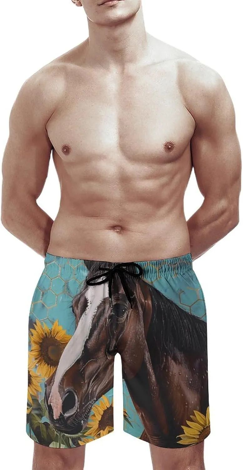 Farmhouse Farm Horse Men's Swim Trunks Quick Dry Board Shorts Breathable Summer Beach Shorts Bathing Suits
