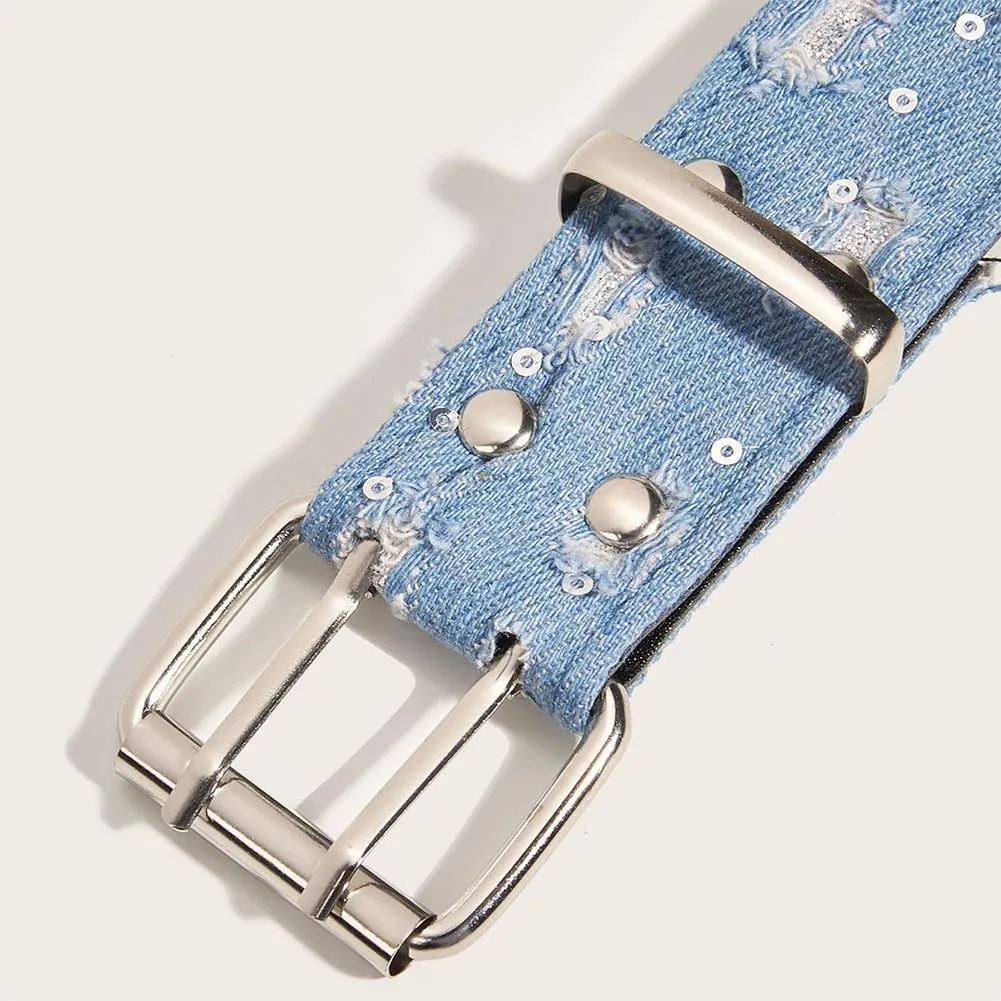 Fashion Denim Blue PU Leather Waist Belts Sequin for Women Ladies Cowgirl for Pants Jeans Dresse