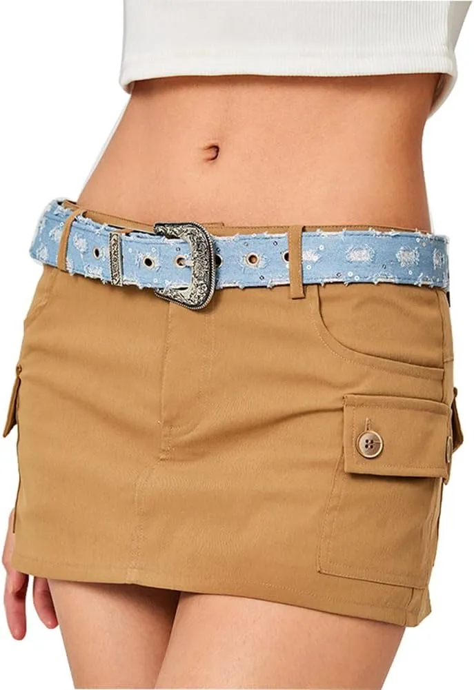Fashion Denim Blue PU Leather Waist Belts Sequin for Women Ladies Cowgirl for Pants Jeans Dresse