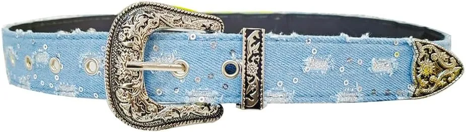 Fashion Denim Blue PU Leather Waist Belts Sequin for Women Ladies Cowgirl for Pants Jeans Dresse